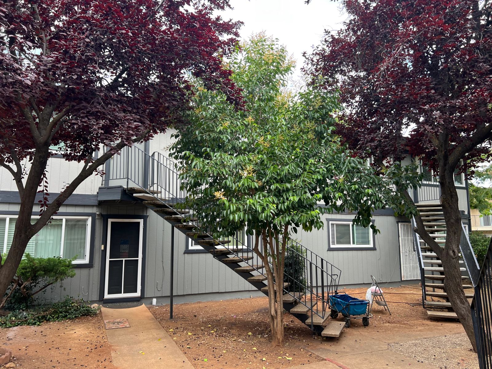 Freshly painted gray apartment exterior with an exterior staircase and mature trees.